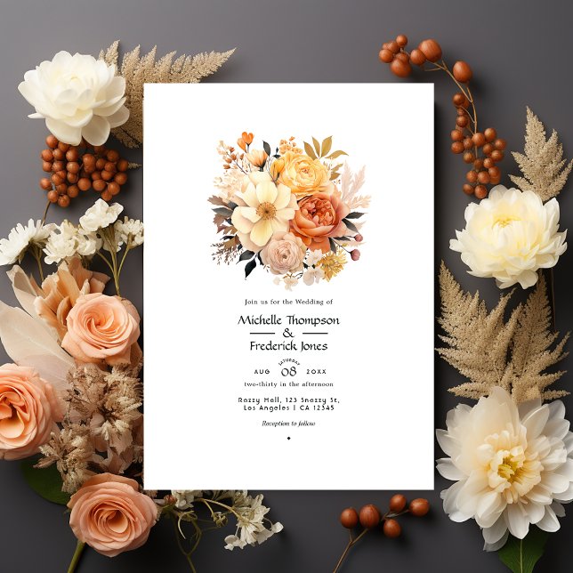 Convites Casamento Floral Bege, Pêssego e Areia (Criador carregado)