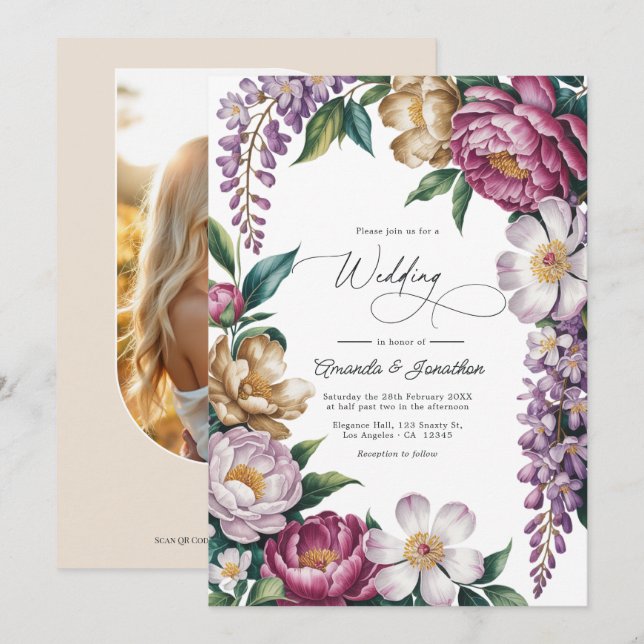 Convites Casamento Floral Bege Rosa, Dourado Champanhe e Br (Frente/Verso)