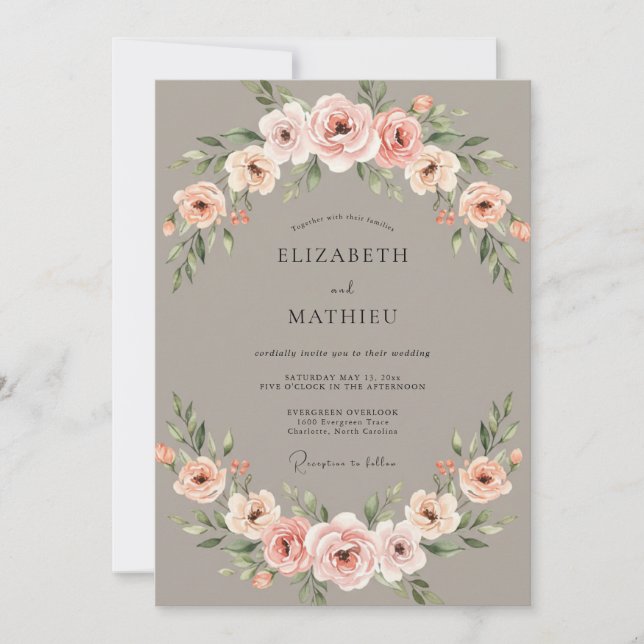 Convites Casamento Floral Bege Suave (Frente)