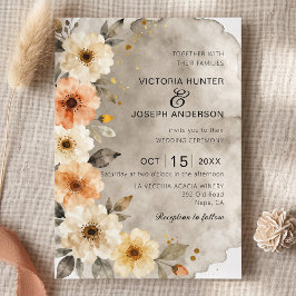 Convites Casamento Floral Bege Terracota Aquarela Outono