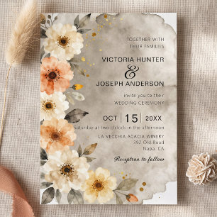 Convites Casamento Floral Bege Terracota Aquarela Outono