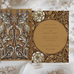 Convites Casamento Floral Beige Elegante Art Nouveau