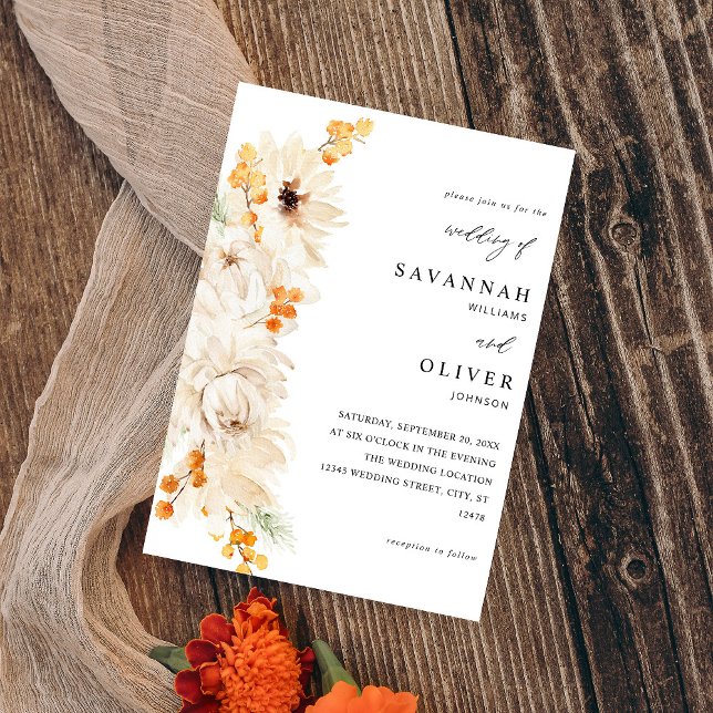 Convites Casamento Floral Beige & Orange (Criador carregado)