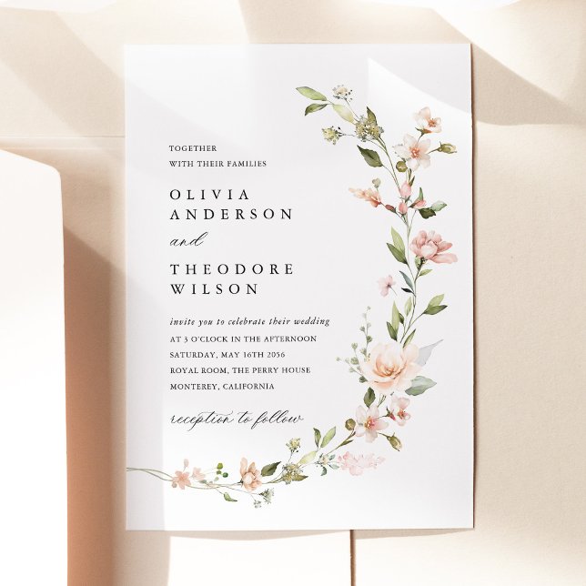 Convites Casamento Floral Beijo de Pêssego (Peach Blush Floral Wedding Invitation, Garden Wedding Invite Watercolor Botanical Wedding Stationery)