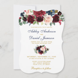 Convites Casamento Floral BG - Elegante Burgundy Blue Water