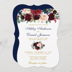 Convites Casamento Floral BG - Elegante Burgundy Blue Water