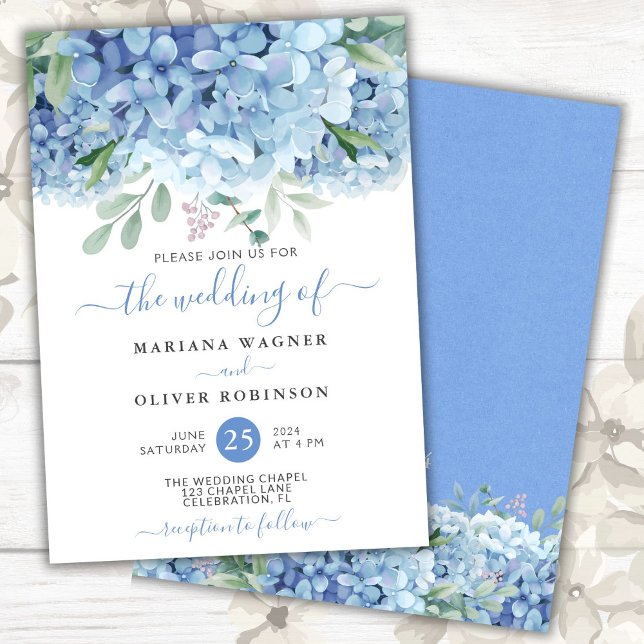 Convites Casamento Floral Blue Hydrangeas Watercolor (Criador carregado)