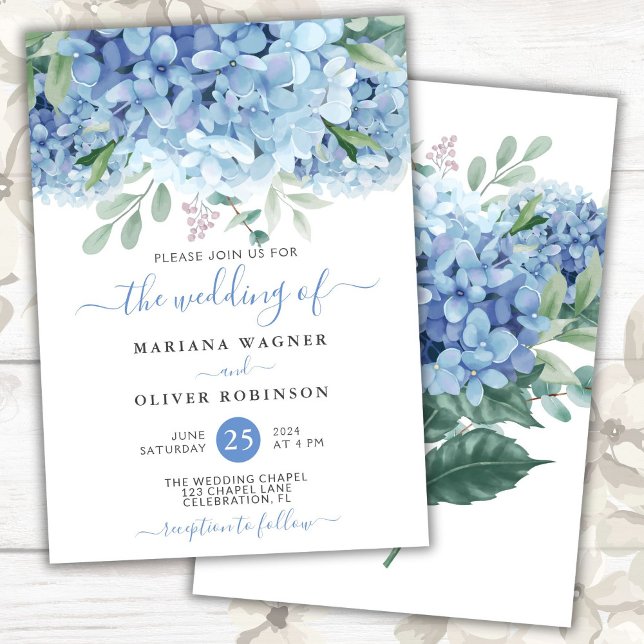 Convites Casamento Floral Blue Hydrangeas Watercolor (Criador carregado)