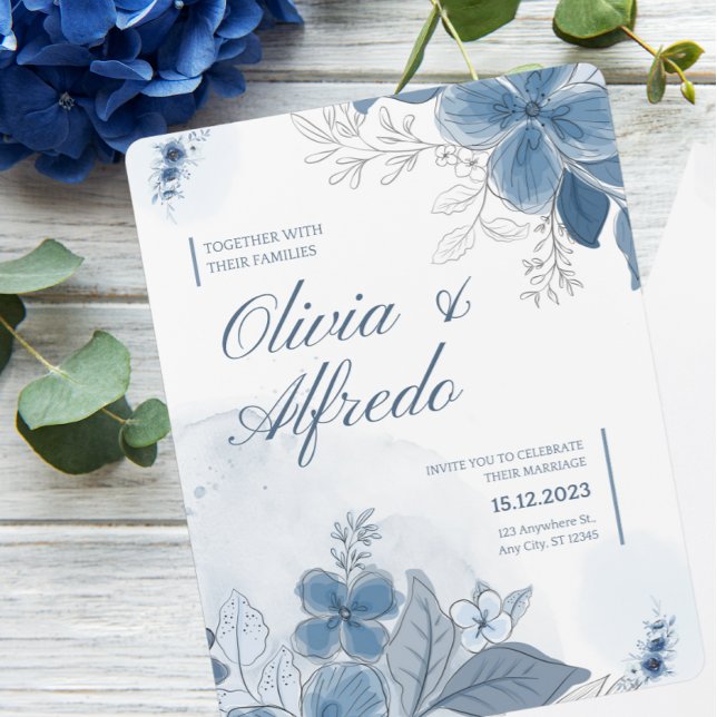 Convites Casamento Floral Blue Watercolor (Criador carregado)