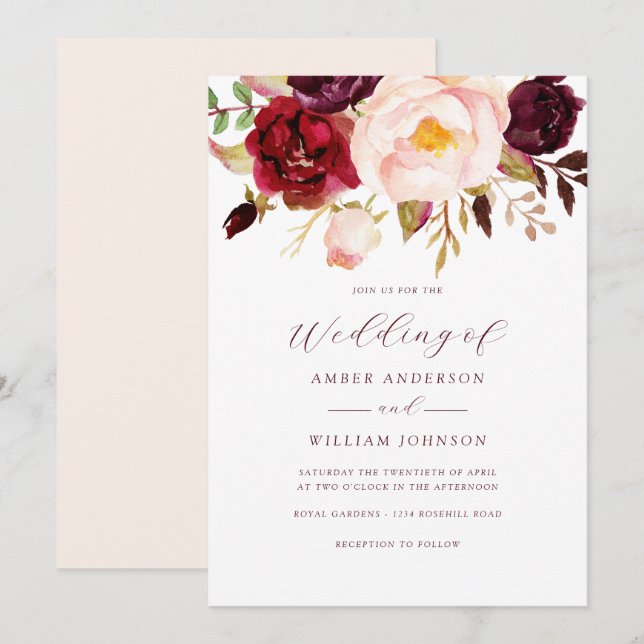 Convites Casamento Floral Blush Borgonha   (Frente/Verso)