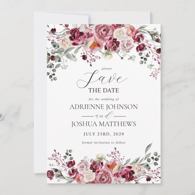 Convites Casamento Floral Blush & Burgundy Salve A Data (Frente)