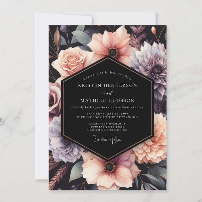 Convites Casamento Floral Blush Noir (Frente)