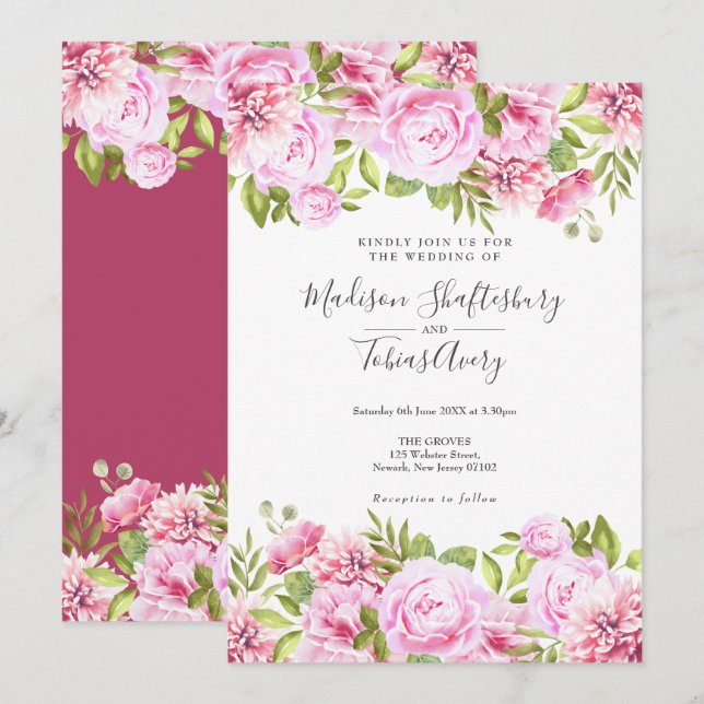 Convites Casamento Floral Blush Pink Peony Greenery (Frente/Verso)