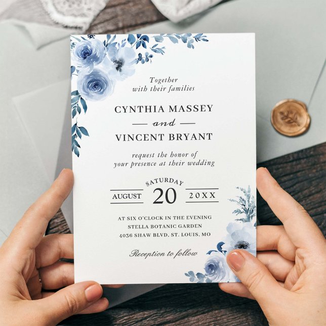 Convites Casamento Floral Boêmio Azul Empoeirado (Criador carregado)