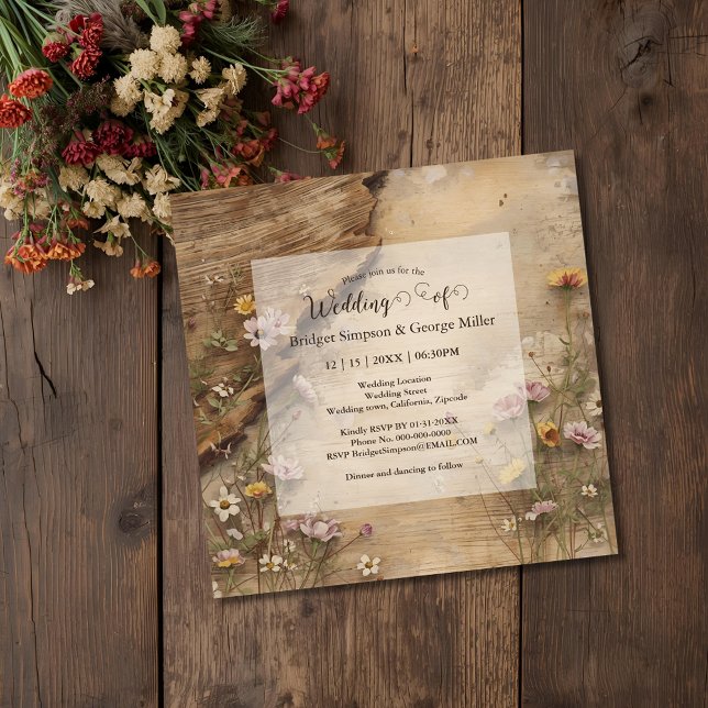 Convites Casamento Floral Boêmio de Madeira Rústica (Criador carregado)