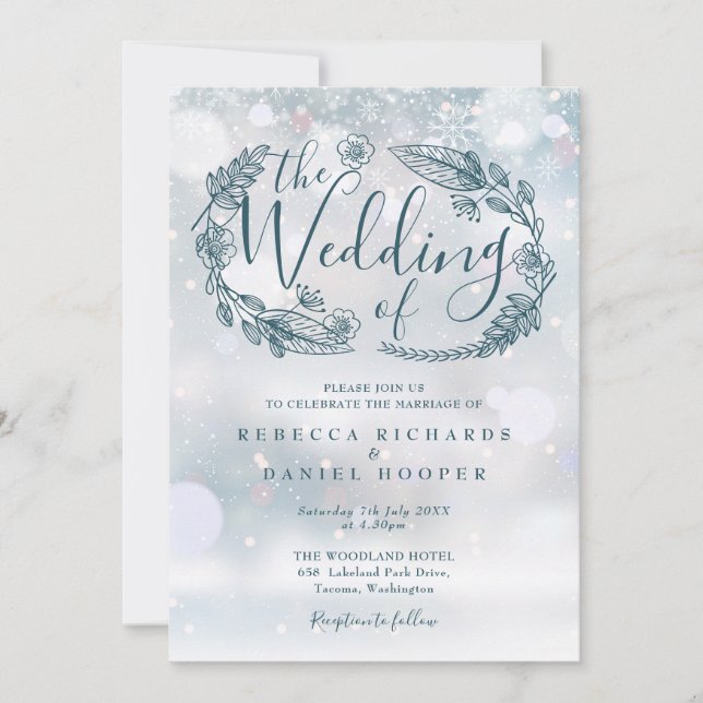 Convites Casamento Floral Boêmio Flocos de Neve de Inverno (Frente)