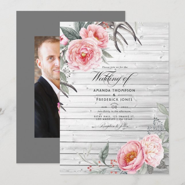 Convites Casamento Floral Boêmio Rústico Rosa e Cinza (Frente/Verso)