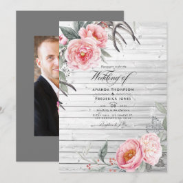 Convites Casamento Floral Boêmio Rústico Rosa e Cinza