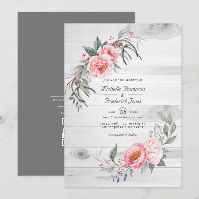 Convites Casamento Floral Boêmio Rústico Rosa e Cinza com C (Frente/Verso)