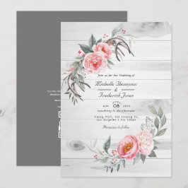 Convites Casamento Floral Boêmio Rústico Rosa e Cinza com C