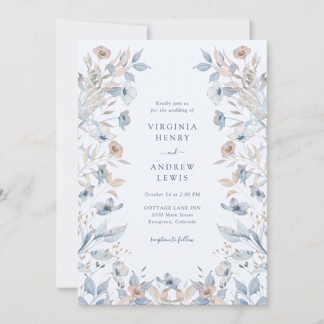 Convites Casamento Floral Boho Azul (Frente)
