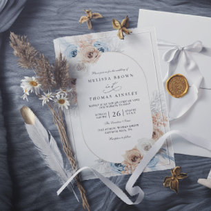 Convites Casamento Floral Boho Azul e Bege com QR Code Econ