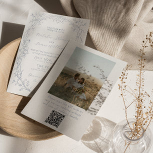 Convites Casamento Floral Boho Azul Empoeirado Código QR Fo