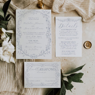 Convites Casamento Floral Boho Azul Empoeirado com Estilo A