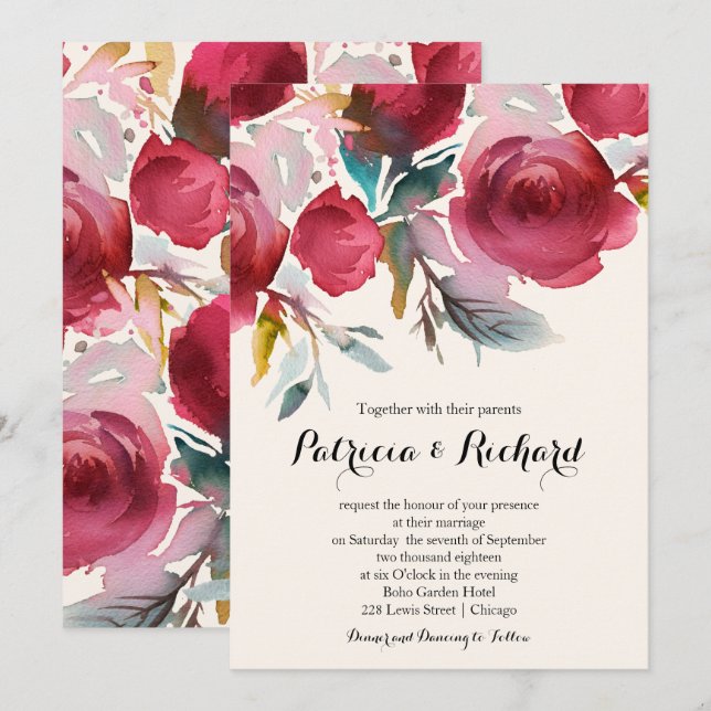 Convites Casamento Floral Boho Borgonha Marsala (Frente/Verso)