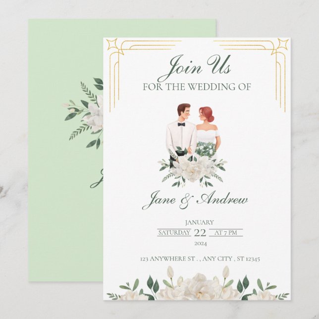 Convites Casamento Floral Boho Branco e Verde  (Frente/Verso)