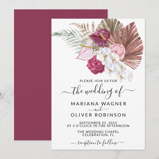Convites Casamento Floral Boho Branco Orquídeas Bege Burgun (Frente/Verso)