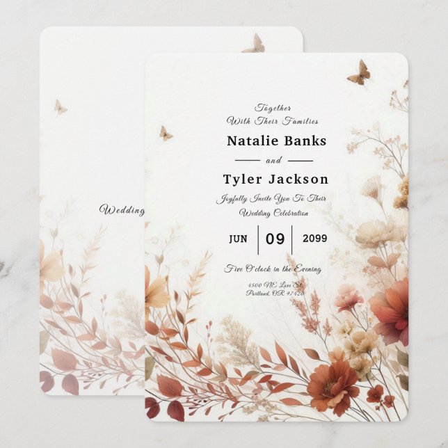 Convites Casamento Floral Boho Browns com Borboletas (Frente/Verso)