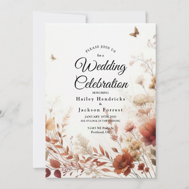Convites Casamento Floral Boho Browns com Borboletas (Frente)