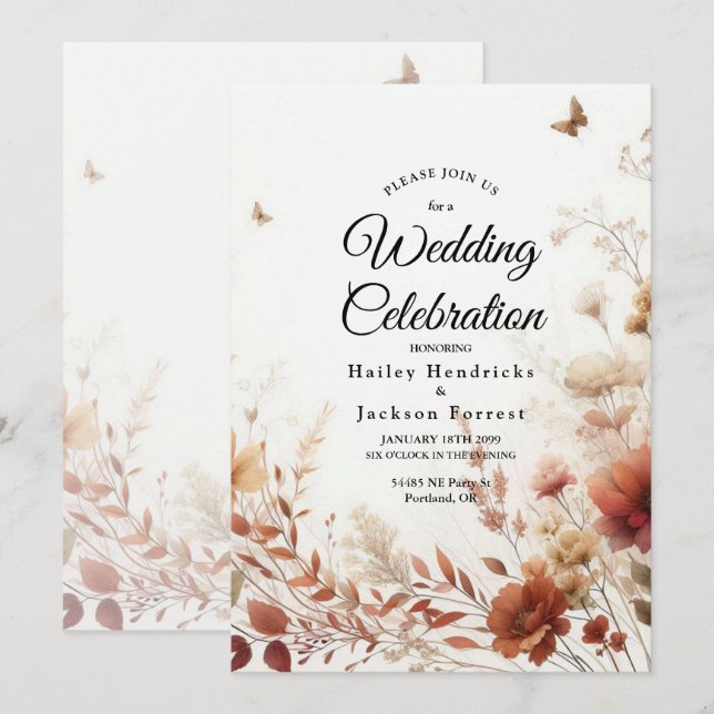 Convites Casamento Floral Boho Browns com Borboletas (Frente/Verso)