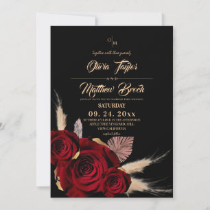 Convites Casamento Floral Boho Burgundy e Rosas Pretas