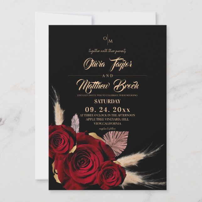 Convites Casamento Floral Boho Burgundy e Rosas Pretas (Frente)