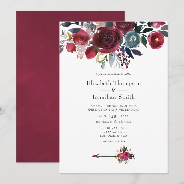 Convites Casamento Floral Boho Chic Burgundy e Navy (Frente/Verso)