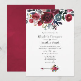 Convites Casamento Floral Boho Chic Burgundy e Navy