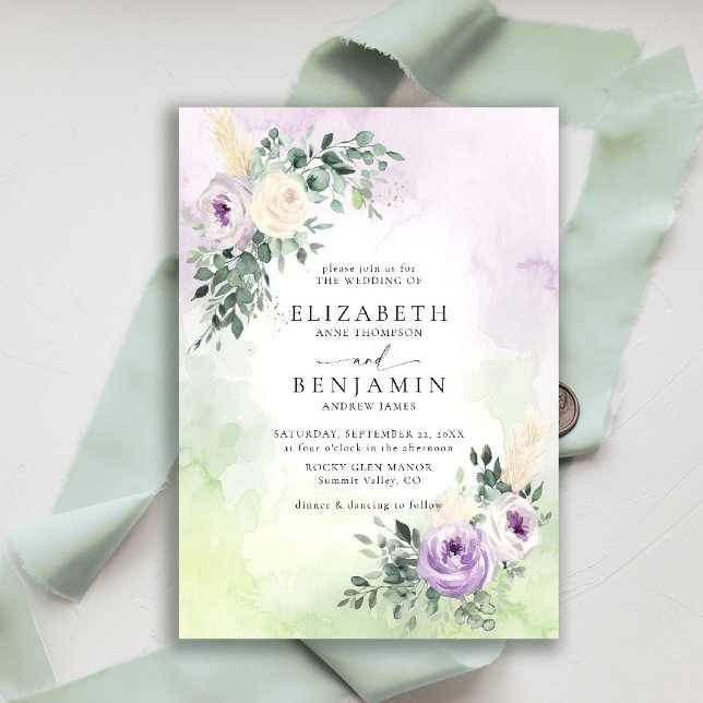 Convites Casamento Floral Boho Chic Lavanda Lilac Roxo (purple lavender lilac wedding invitation watercolor elegant rustic floral garden romantic brunch)