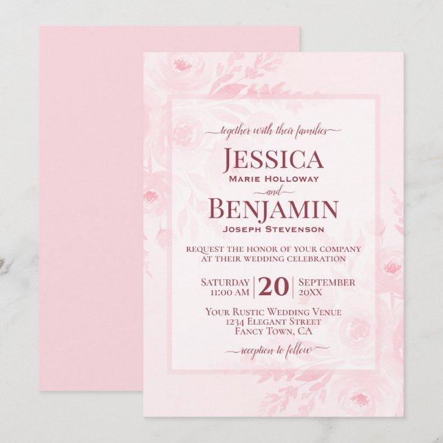 Convites Casamento Floral Boho Chic Rosa Elegante (Frente/Verso)