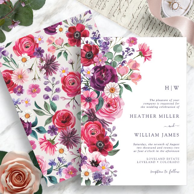 Convites Casamento Floral Boho Colorido (Colorful Boho Floral Wedding Invitation Monogrammed by Painted Paperie
)