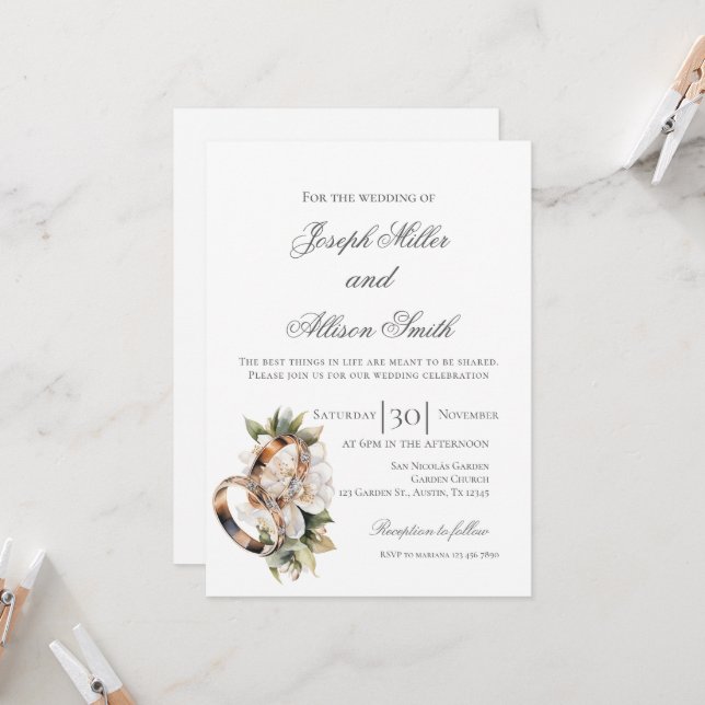 Convites Casamento floral boho com anéis (Frente/Verso In Situ)