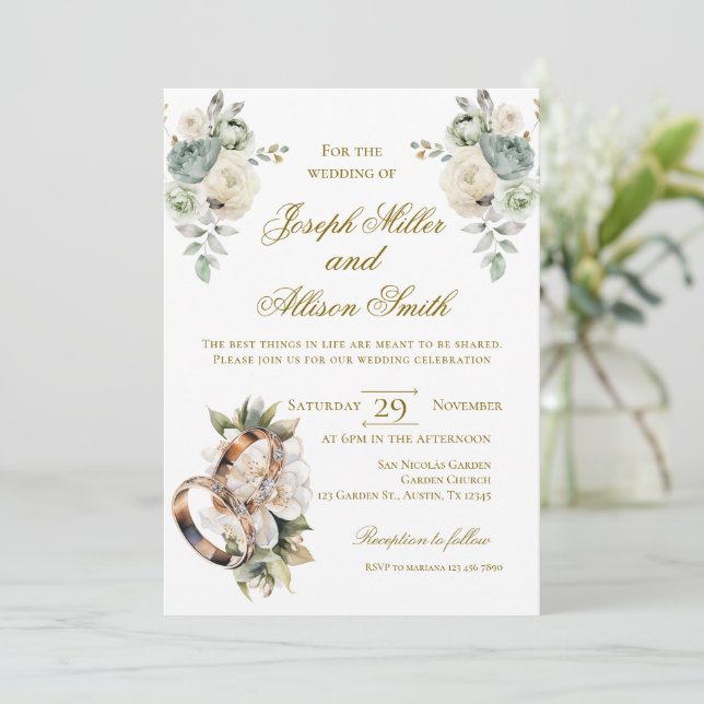 Convites Casamento floral boho com anéis (Em pé/Frente)