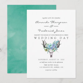 Convites Casamento Floral Boho com Aquarela Azul e Hortelã