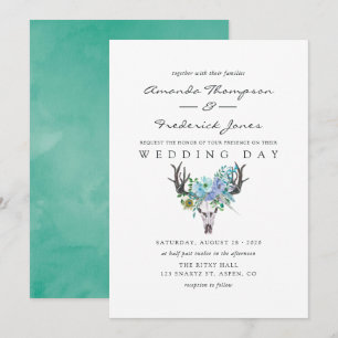Convites Casamento Floral Boho com Aquarela Azul e Hortelã