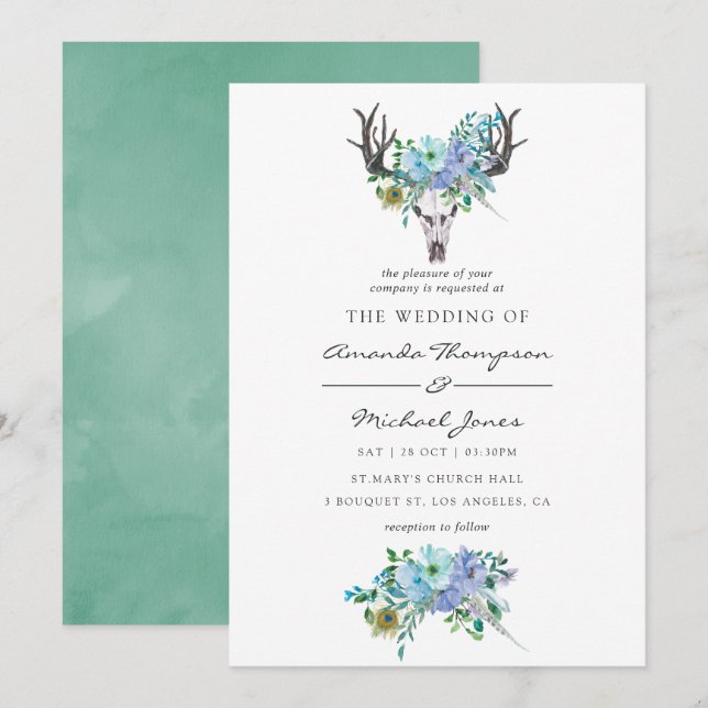 Convites Casamento Floral Boho com Aquarela em Azul e Horte (Frente/Verso)