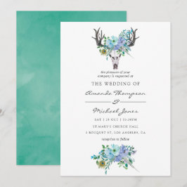 Convites Casamento Floral Boho com Aquarela em Azul e Horte