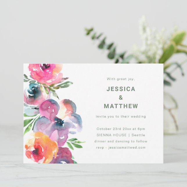 Convites Casamento Floral Boho de Aguarela Rosa Roxo no Jar (Em pé/Frente)