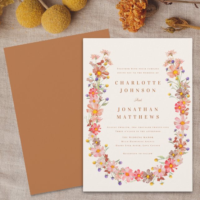 Convites Casamento Floral Boho de Outono (Boho fall wildflower floral wreath terracotta and beige wedding invitation Watercolor autumn flowers)