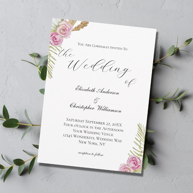 Convites Casamento Floral Boho em Rosa Verde Marrom Aquarel (Criador carregado)